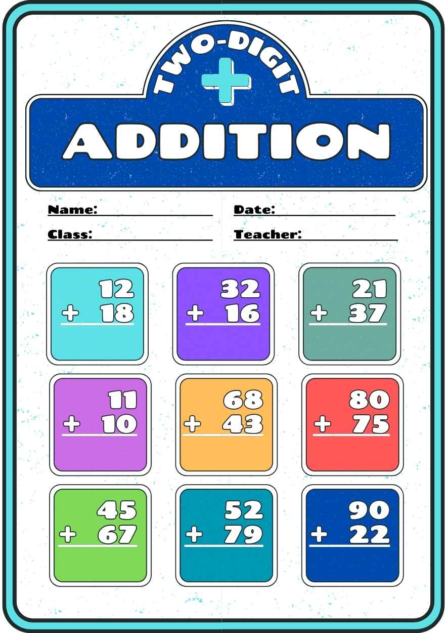 Colorful Double Digit Addition Math Worksheet Preview