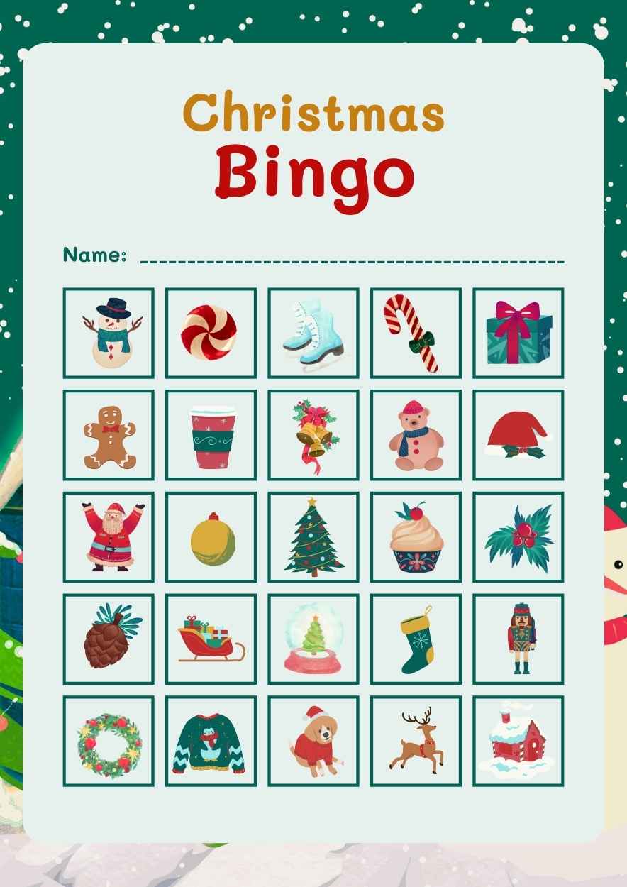 Illustrated Christmas Bingo Holiday Game Worksheet Preview