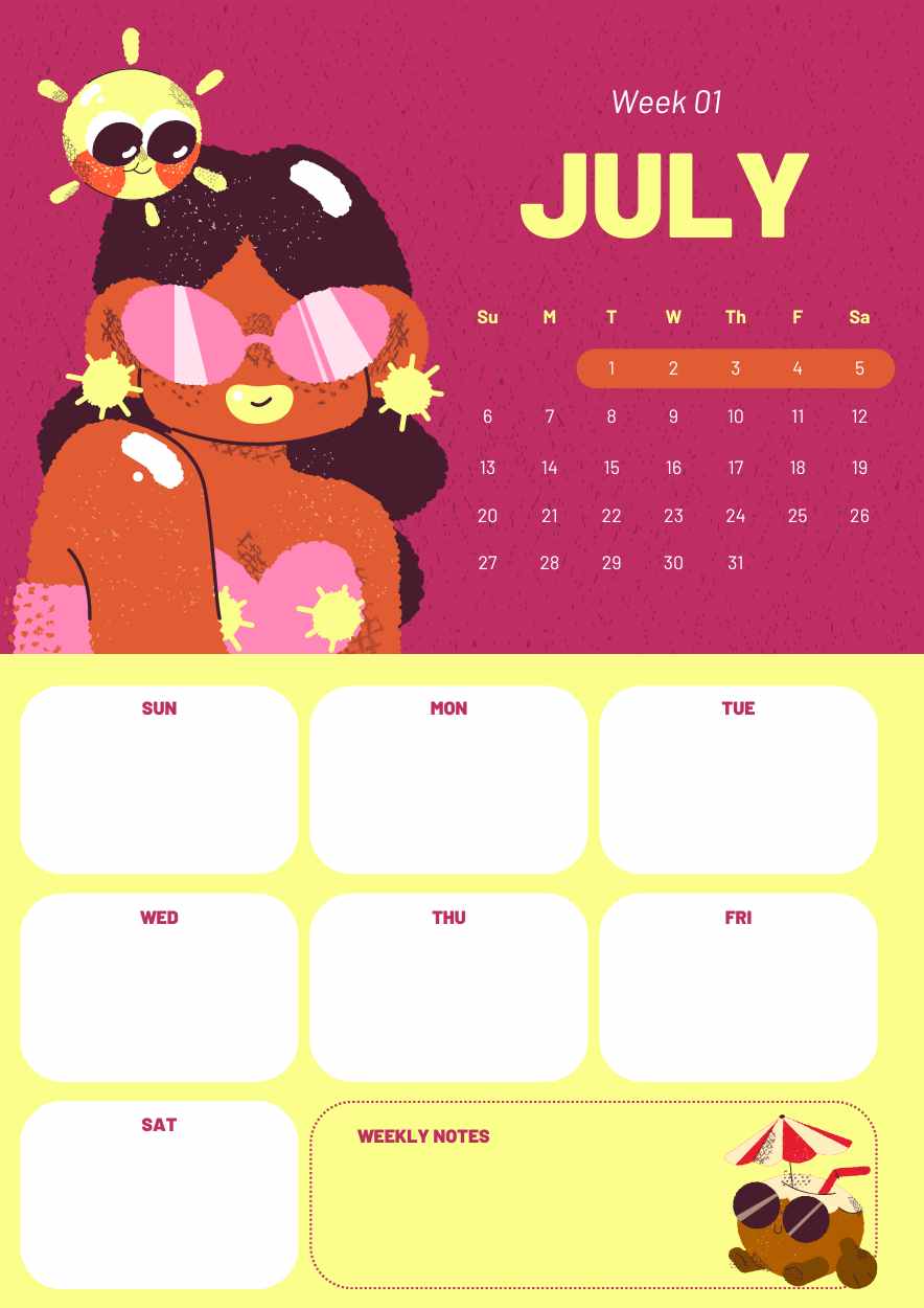 Illustrated July Calendar Planner Preview