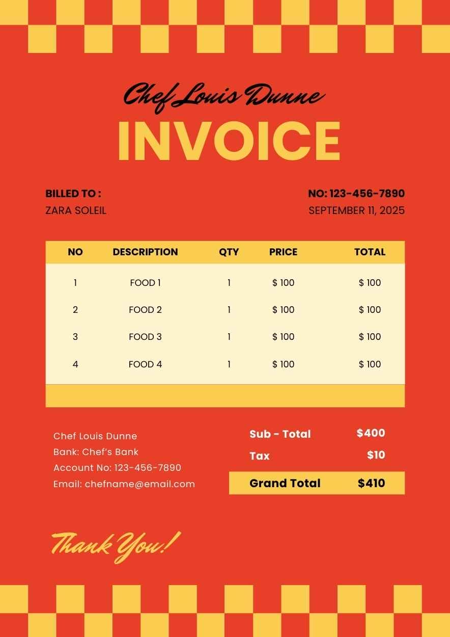 Modern Personal Chef Invoice Preview